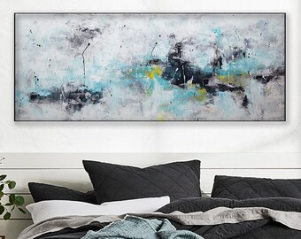 Abstract print, Palette knife art, Turquoise, blue, Canvas with Gallery Wrap, Floating Frame options, Panoramic Canvas Print Wall Art 020