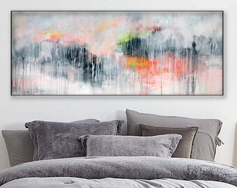 Extra large Pink red print on canvas, from original painting, Horizontal ready to hang art Floating frames 967