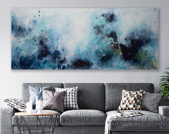 Large seascape painting on canvas, Abstract landscape art, Modern wall decor, Blue white painting