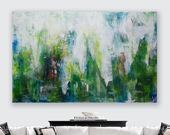 Abstract Green Painting, Extra large painting on Canvas, Gallery Wrap, Ready to hang ElenasArtStudio