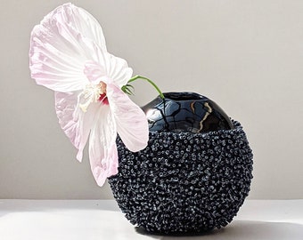 Ceramic porcelain black vase, handmade floral vase, sculpture art