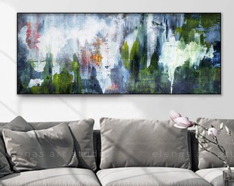 Green blue print, Large abstract canvas, Green blue art, Minimalist art, Horizontal Floating frame option wall art Modern decor 916 Long