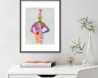 Small Abstract figurative woman art on paper, Bold colors, Minimalist art, Modern decor for your house or office