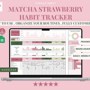 Op de afbeelding: Een laptopscherm toont een digitale habit tracker met de tekst "Matcha Strawberry Habit Tracker". De tracker toont grafieken en een kalenderindeling. Het ontwerp bevat roze, groene en witte elementen. Tekst op het scherm is "Gemakkelijk te gebruiken. Organiseer uw routines. Volledig aanpasbaar."