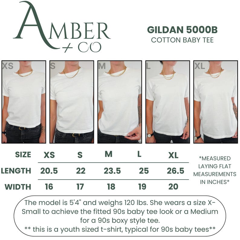 May include: White Gildan 5000B cotton baby tee shirts in sizes XS to XL. The image shows the shirts on models, with size and measurement details. Lengths range from 52.07 to 67.31 cm, widths from 40.64 to 50.8 cm.