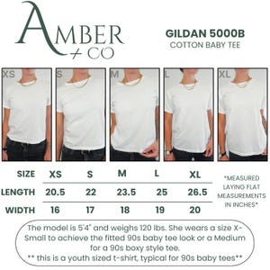 May include: White Gildan 5000B cotton baby tee shirts in sizes XS to XL. The image shows the shirts on models, with size and measurement details. Lengths range from 20.5 to 26.5 inches, widths from 16 to 20 inches.
