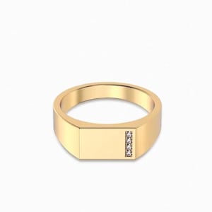 May include: A gold signet ring featuring a flat, rectangular top surface. The ring includes a vertical channel set with four small, clear, round-cut stones positioned on the right side of the rectangular face, set against a polished gold band.