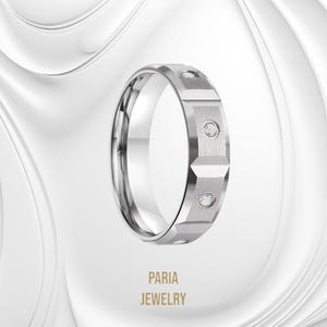 Aliança de casamento de ouro com diamantes geométricos – Design facetado moderno com diamantes redondos, ajuste confortável, anel de noivado ou aniversário unissex