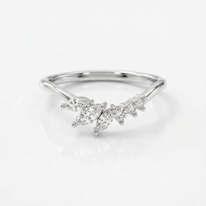 Curved Marquise Lab Diamond Wedding Band, Contour V Ring with Cluster Diamonds, 925 Sterling Silver Nesting Band, Stacking Ring for Her