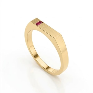 Thin Bar Signet Ring with Red Baguette Lab Ruby, Minimalist Geometric Pinky Ring, Solid 10K 14K 18K Gold Stacking Signet, July Birthstone
