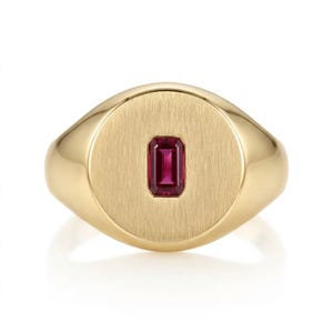 Round Signet Ring with Emerald Cut Red Lab Ruby, 15mm Brushed Disc Face, Solid 10K 14K 18K Gold Statement Pinky Ring, July Birthstone