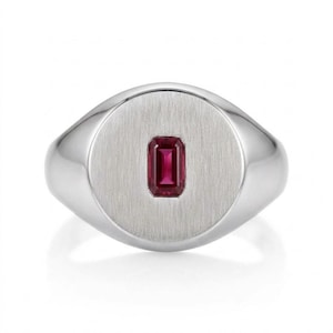 Round Signet Ring with Emerald Cut Red Lab Ruby, 15mm Brushed Disc Face, 925 Sterling Silver Statement Pinky Ring, July Birthstone