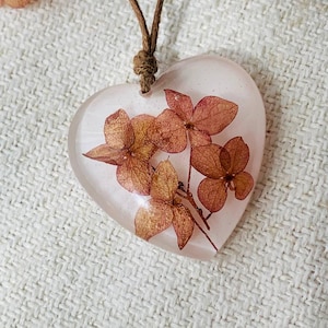 Heart Resin Pendant: Real Dried Hydrangea Flower Necklace