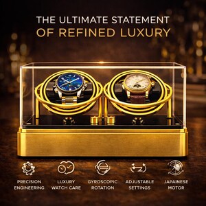 May include: A gold watch winder with two compartments, each holding a wristwatch. The winder has a clear top and features the text "THE ULTIMATE STATEMENT OF REFINED LUXURY". Additional text includes "PRECISION ENGINEERING", "LUXURY WATCH CARE", "GYROSCOPIC ROTATION", "ADJUSTABLE SETTINGS", and "JAPANESE MOTOR".