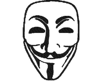 May include: A black and white illustration of the iconic Anonymous mask, featuring a stylized face with a wide smile and a prominent nose.