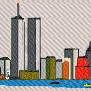 Puede incluir: Una ciudad bordada con edificios altos, incluyendo dos rascacielos muy altos, en tonos de gris, verde y rojo. Los edificios están sobre un fondo gris claro.