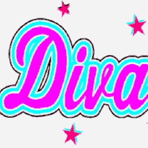 May include: Pink and blue cursive text that reads "Diva" with five pink and blue stars surrounding the text.