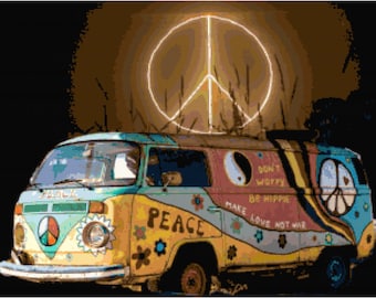 Peace hippie van woodstock era cross stitch pattern pdf