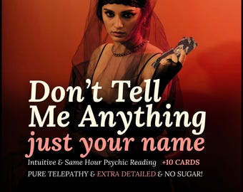 Op de afbeelding: Een advertentie voor een paranormale lezing met een persoon in een zwarte sluier en top die speelkaarten vasthoudt. De tekst luidt: Don't Tell Me Anything just your name, Intuitive & Same Hour Psychic Reading +10 CARDS, PURE TELEPATHY & EXTRA DETAILED & NO SUGAR!