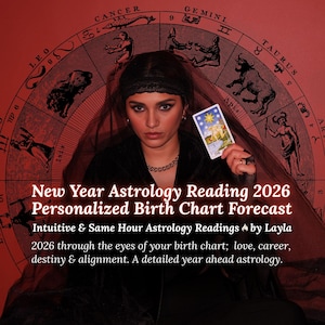 May include: An astrology reading advertisement featuring a woman holding a tarot card. The background includes a zodiac wheel and the text "New Year Astrology Reading 2026". The card held displays a star design. The overall theme is astrology and fortune telling.