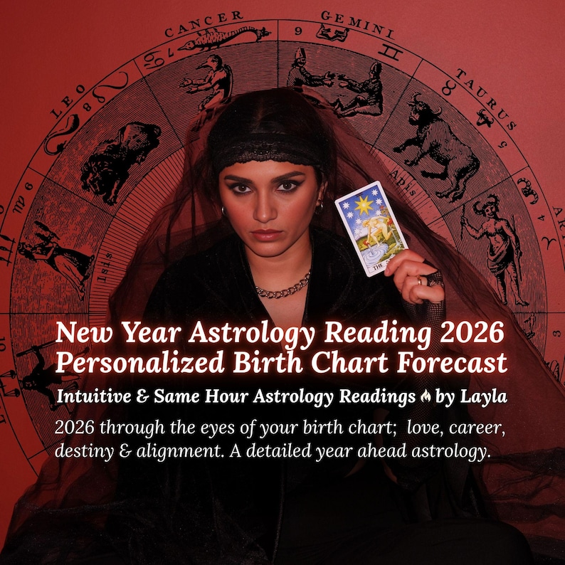 May include: An astrology reading advertisement featuring a woman holding a tarot card. The background includes a zodiac wheel and the text "New Year Astrology Reading 2026". The card held displays a star design. The overall theme is astrology and fortune telling.