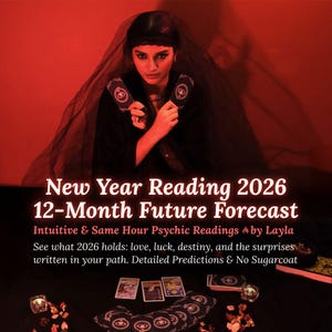 May include: A promotional image for a psychic reading service. The image features a person in a black veil holding tarot cards. Text overlay reads "New Year Reading 2026 12-Month Future Forecast" and details about the readings.
