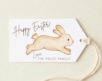 Bearbeitbare Ostergeschenkanhänger Vorlage, minimalistisches Aquarell Häschen, personalisierte Korbanhänger, digitaler Download, Canva, wunderliche Frühlingsgewohnheit