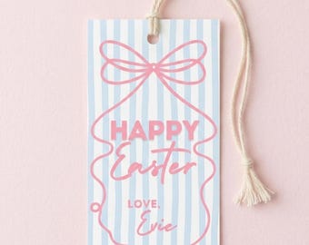 Bearbeitbare Ostergeschenkanhänger Vorlage, Preppy Blauer Streifen, personalisierte Korb Tags, Digital Download, Canva, Whimsical Bow Custom Briefpapier
