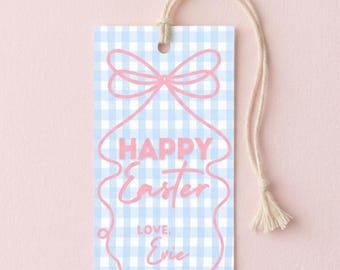 Bearbeitbare Ostergeschenkanhänger Vorlage, Preppy Blue Gingham, personalisierte Korb Tags, Digital Download, Canva, Whimsical Bow Custom Check Tag