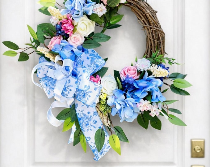 Blue White Wreath, Toile Chinoiserie Decor, Front Door Grapevine, Elegant Farmhouse Style