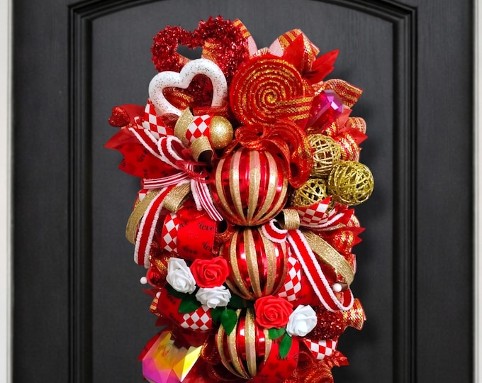Luxury Valentine Door Swag, Red & Gold Farrisilk Ribbon Wreath