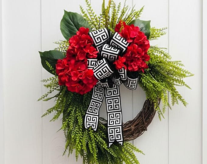 Red Hydrangea Wreath, Front Door Decor, Summer Floral, Farmhouse Style, Everyday Home Accent