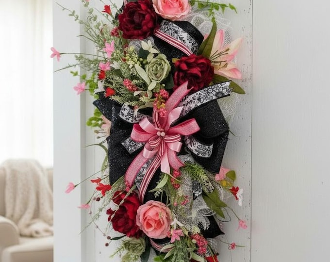 Romantic Farmhouse Pink Floral Spring Wreath: Lush Greenery, Designer Ribbons