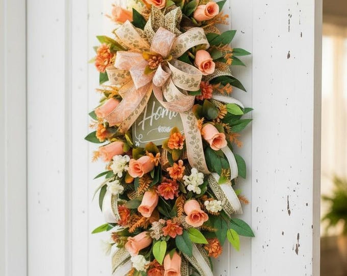 Spring Wreath Front Door Decor Peach Rose Floral Swag Farmhouse Entryway