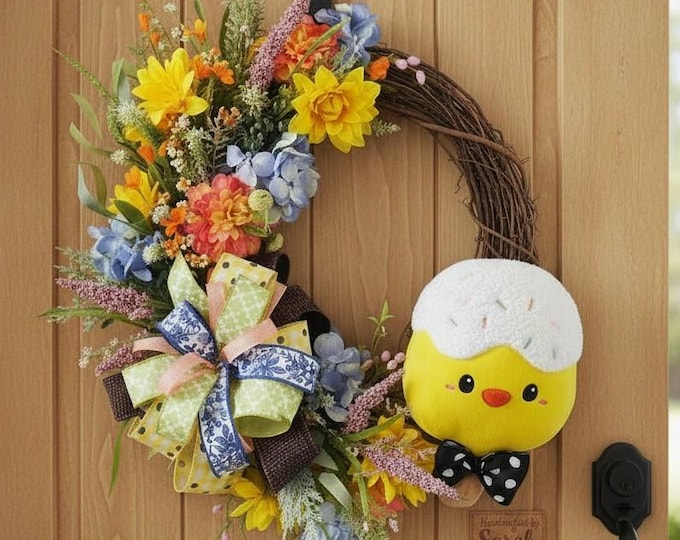 Easter Grapevine Wreath, Removable Chick, Spring Floral Door Decor