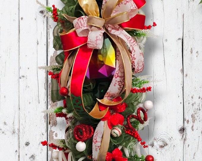 Jeweled Christmas Swag Wreath with Luxury Ribbon & Ornaments | Red Green Gold Holiday Door Decor