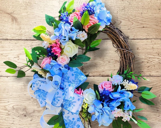 Toile Chinoiserie Grapevine Wreath: Pastel Floral Door Decor