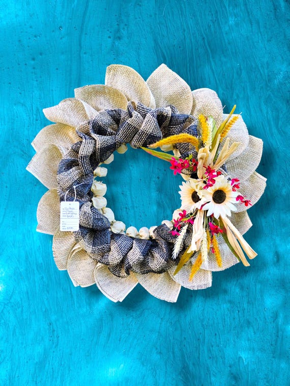 Rustic Sunflower Burlap Wreath Farmhouse Everyday Handmade Front Door Decor