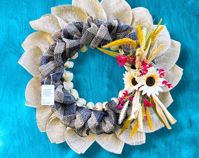 Rustic Sunflower Burlap Wreath Farmhouse Everyday Handmade Front Door Decor
