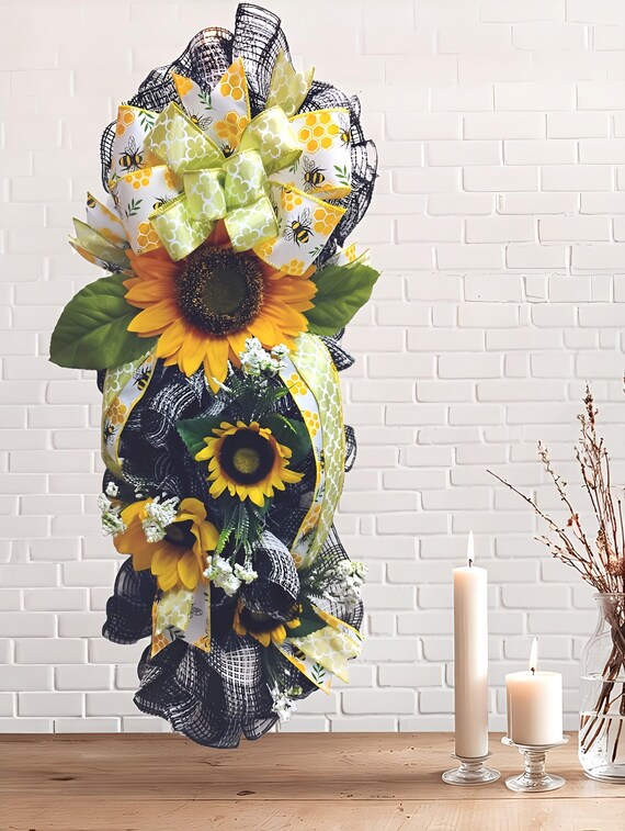 Bee Sunflower Swag Wreath Summer Farmhouse Decor Lemon Yellow Black Mesh Bow
