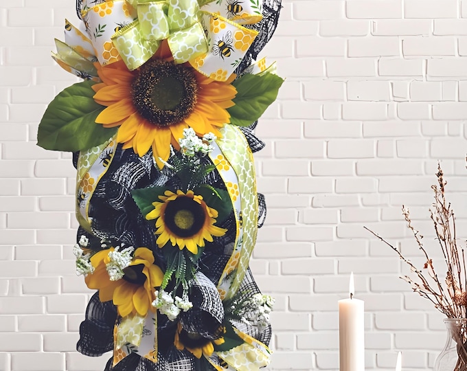 Bee Sunflower Swag Wreath Summer Farmhouse Decor Lemon Yellow Black Mesh Bow