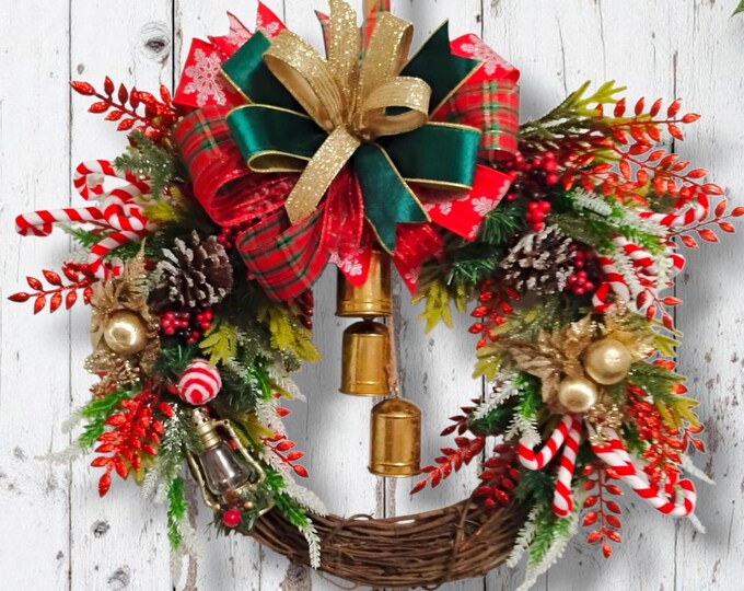 Rustic Christmas Grapevine Wreath | Plaid Bow, Gold Bells, Light-Up Lantern