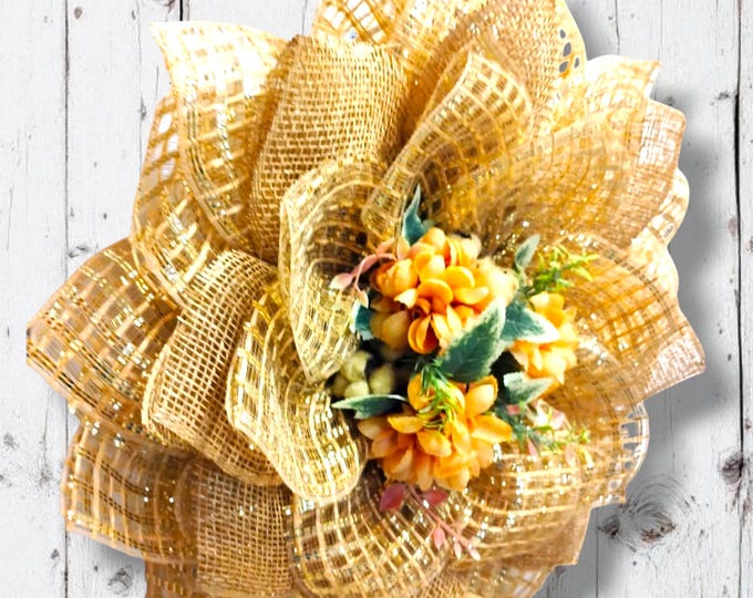 Fall Wreath for Front Door, Deco Mesh Flower Wreath with Orange Florals, Fall Front Door Decor, Gold Mesh Petal Wreath, Handmade Seasonal