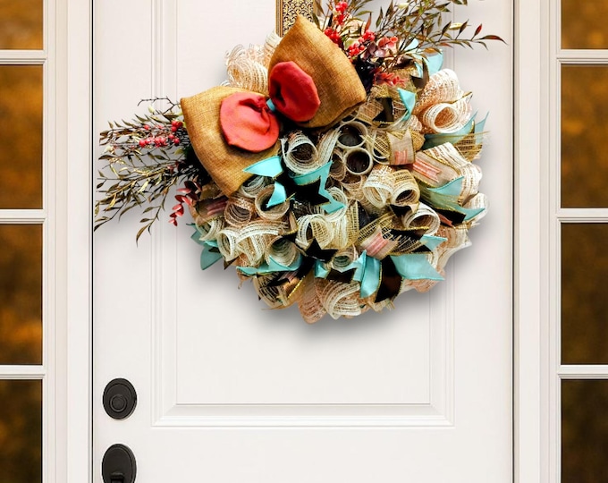 Fall Deco Mesh Wreath with Bow, Rustic Fall Accent Door Decor