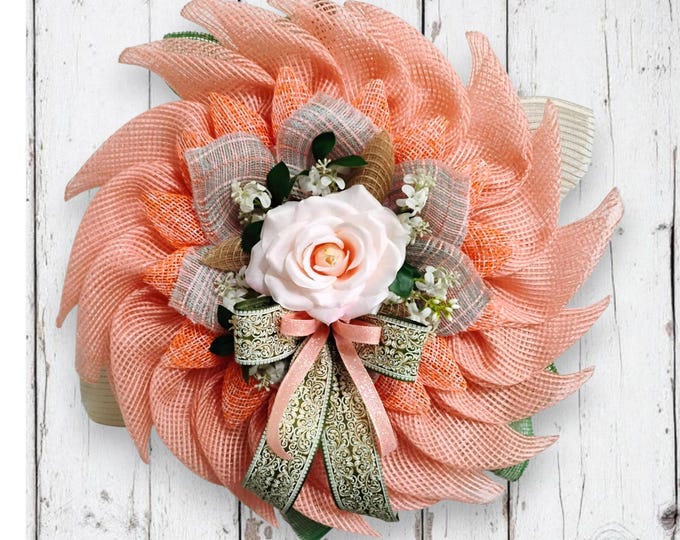 Peach Rose Mesh Wreath, Spring Front Door Wreath, Mother’s Day Wreath, Summer Door Decor, Floral Farmhouse Wreath, Peach Flower Wreath