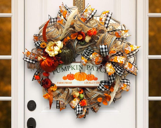 Fall Pumpkin Wreath for Front Door in Buffalo Plaid 26 Inch Farmhouse Fall Deco Mesh Wreath with Pumpkins, Ribbons & Sign