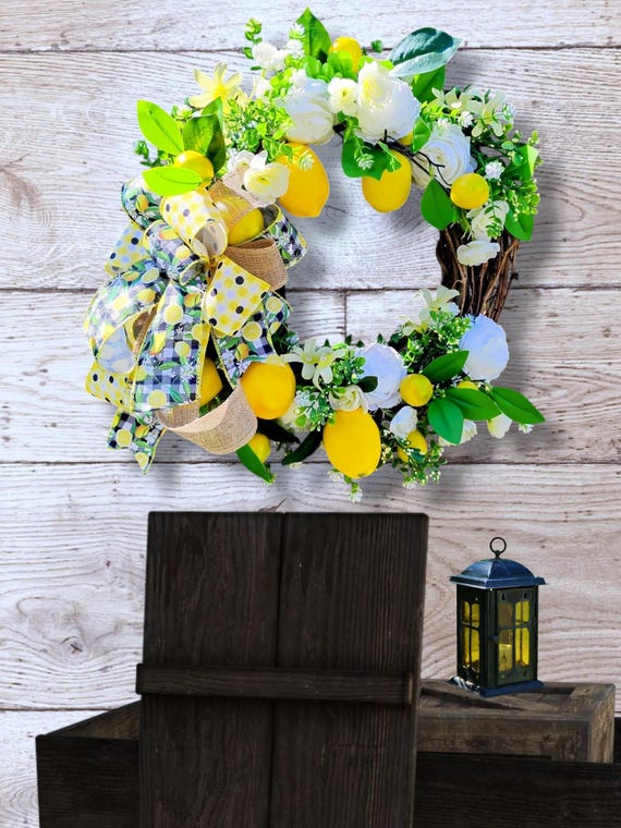 Handmade Lemon Grapevine Wreath - 21" Spring Summer Front Door Decor