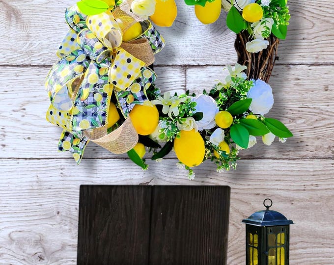 Handmade Lemon Grapevine Wreath - 21" Spring Summer Front Door Decor