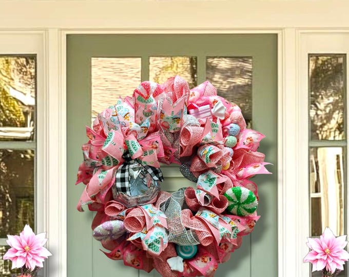 Pink Christmas Wreath: Candy Ornaments & Santa Ribbon - Holiday Door Decor
