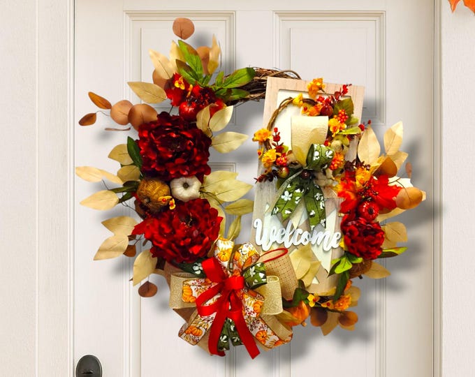 Farmhouse Fall Grapevine Wreath with Barn Door Welcome Sign – Rustic Autumn Front Door Decor